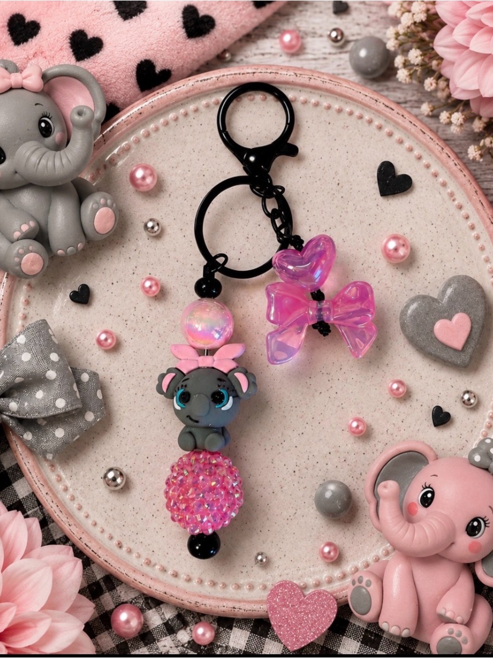 Hand Crafted Pink & Gray Cute Elephant Beaded Keychain